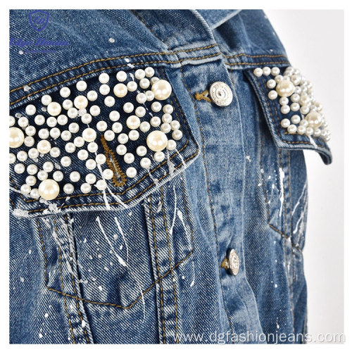 Women Pearl Beaded Denim Jacket Long Sleeve